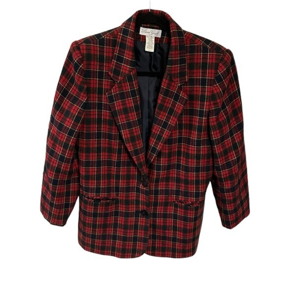 Laura‎ Gayle Wool Blend Plaid Gingham Blazer Jacket Red Navy Size 6 Petite
